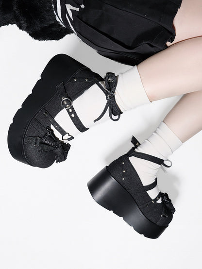 Spike Studs Bow Accents Black Cross Gothic Platforms Punk Shoes