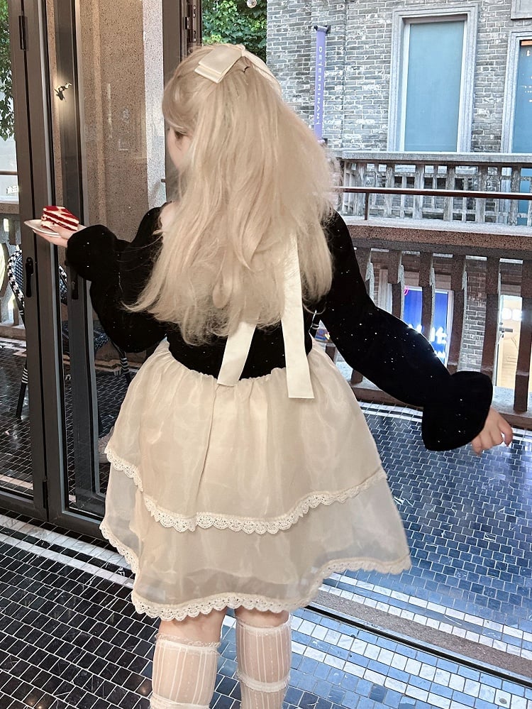 Plus Size Bowknot Details Black and White Basque Waist Sweet Dress