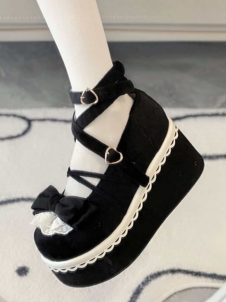 Lace Accents Bow at Top, Heart Buckle & Crisscross Straps Velvet Black Platform Shoes in Sweet Lolita