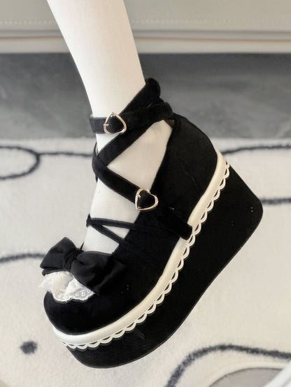 Lace Accents Bow at Top, Heart Buckle & Crisscross Straps Velvet Black Platform Shoes in Sweet Lolita