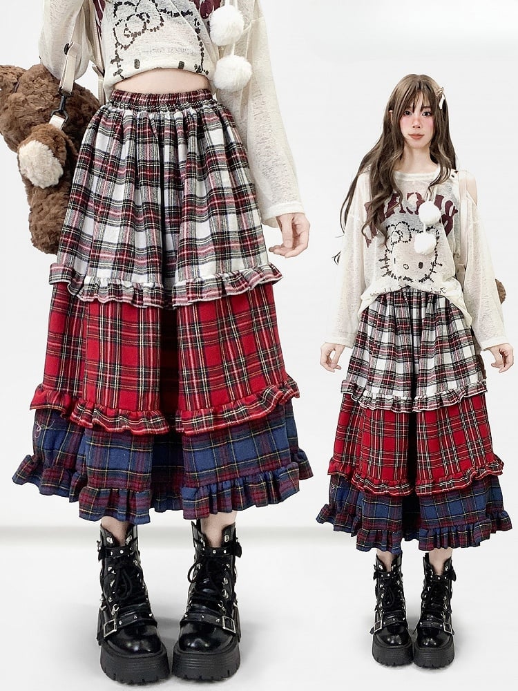 Red Christmas Plaid Pattern Tiered Ruffles Skirt