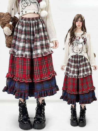 Red Christmas Plaid Pattern Tiered Ruffles Skirt