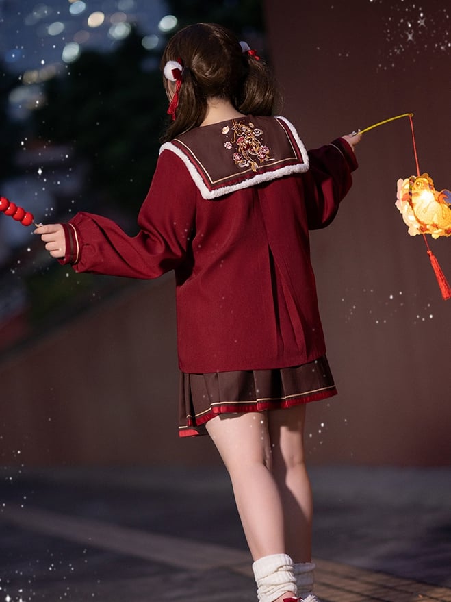 Plus Size New Year Dragon Embroidery Red Sailor Collar Top