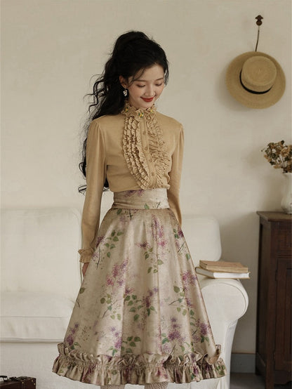 Vintage Purple Floral Print Ruffle Trim High Waist Skirt