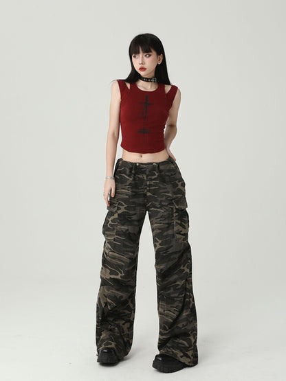 Gothic Wine Red Cross Print Backless Glamorous Cropped Sleeveless Top