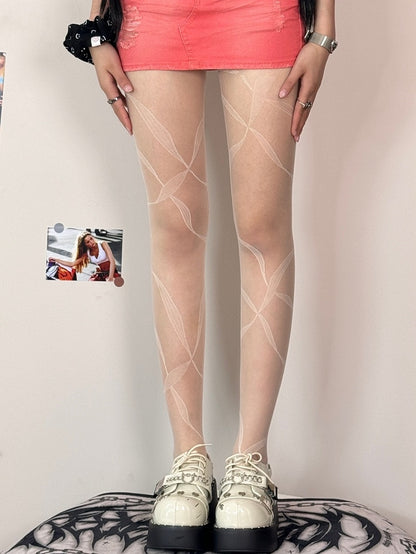 Black/Whiye/Brown/Gray Ribbon Print Tights