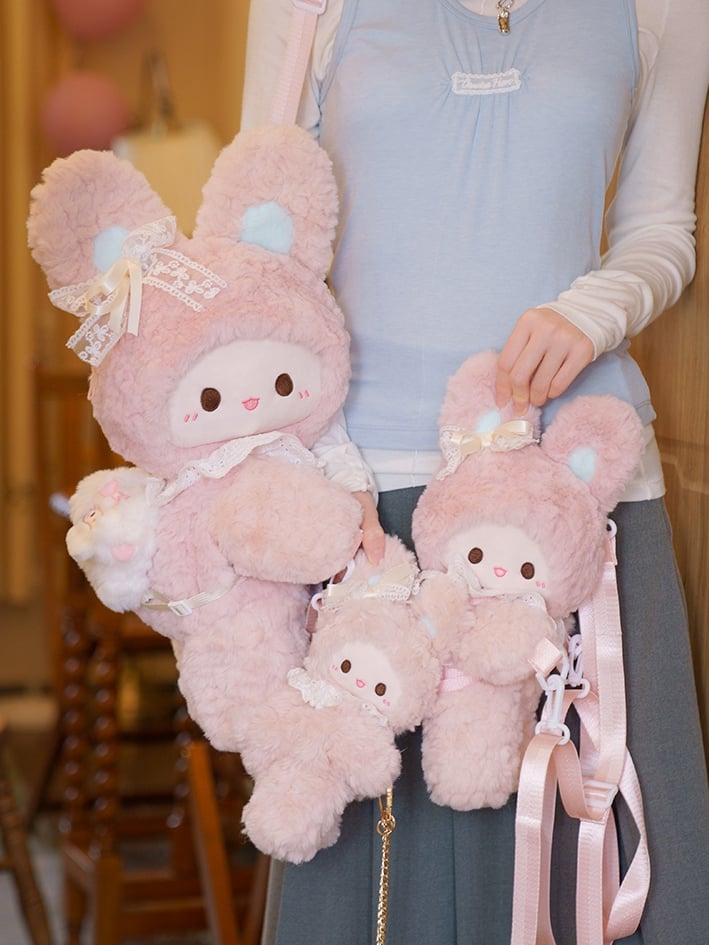 Pink Rabbit Bowknot Lace Details Plush Backpack + Keychain