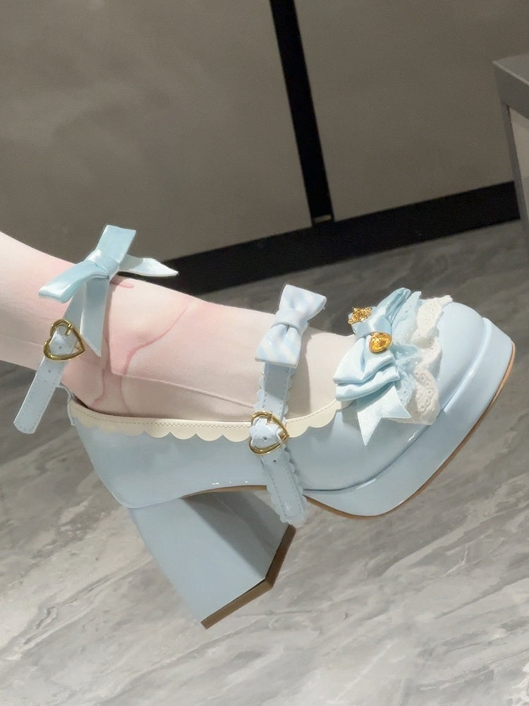 Blue Sweet Lolita 8cm High Block Heel Mary Janes with Multi-Lace Trim, Bow Details & Heart-Shaped Closure