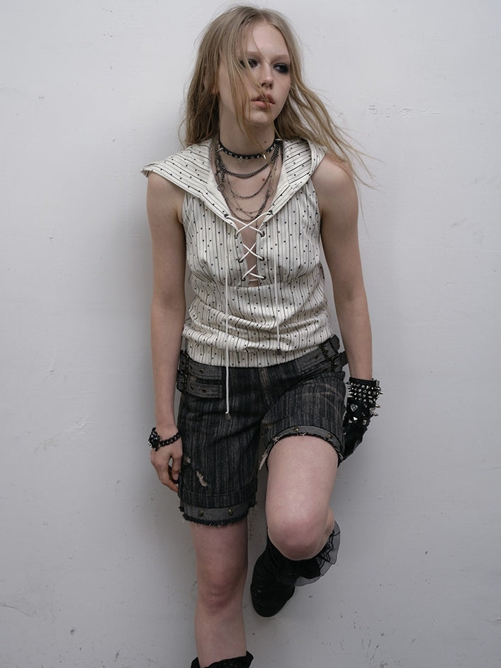 White Striped Pattern Star Print Lace-up Detail Hoodie Sleeveless Top