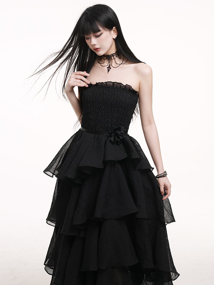 Black High Waist Mesh Tiered Skirt Prom Gown Dress