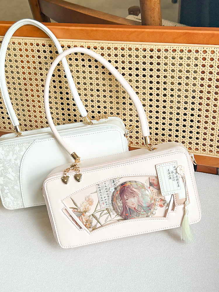 Pink Embroidered Bamboo Leaf Cheongsam Style Ita Shoulder Bag with Fringe Charm