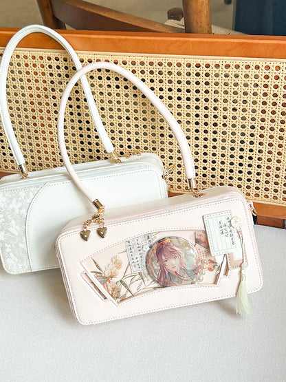 Pink Embroidered Bamboo Leaf Cheongsam Style Ita Shoulder Bag with Fringe Charm