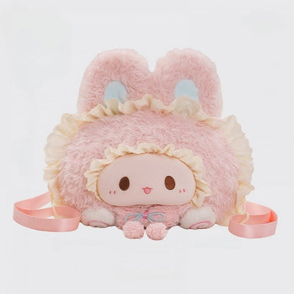 Pink Rabbit-shaped Lace Trim Plush Backpack