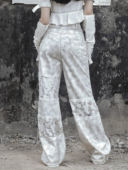 White Double Waistband Distressed Holes Punk Cargo Pants