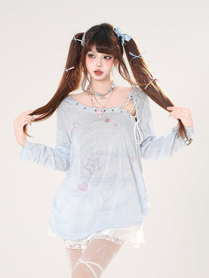 Lace-up Asymmetrical Neckline Blue/White Semi-sheer Coverup