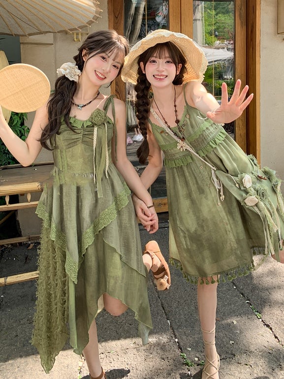 Green Handkerchief Hem Mori Kei Cami Dress with Self-tie Shoulder Straps