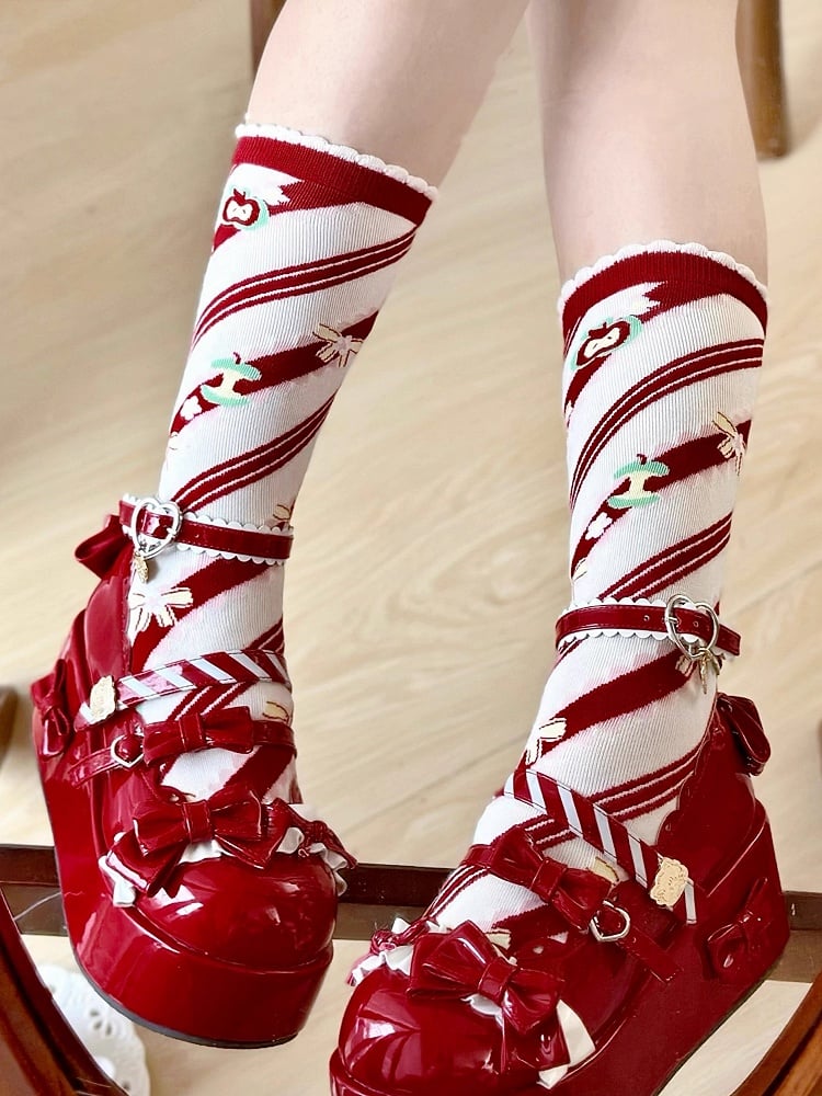 Red Apple Bowknot Print Striped Pattern Lolita Calf Socks