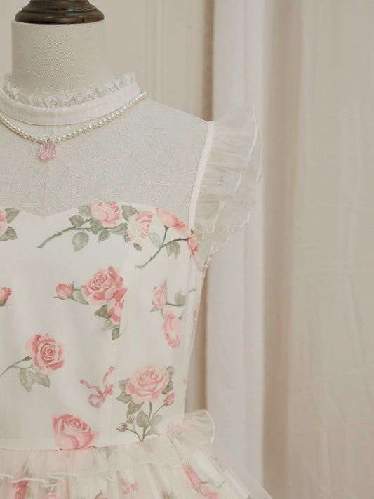 Clearance-Pink Rose Pendant White Beaded Necklace