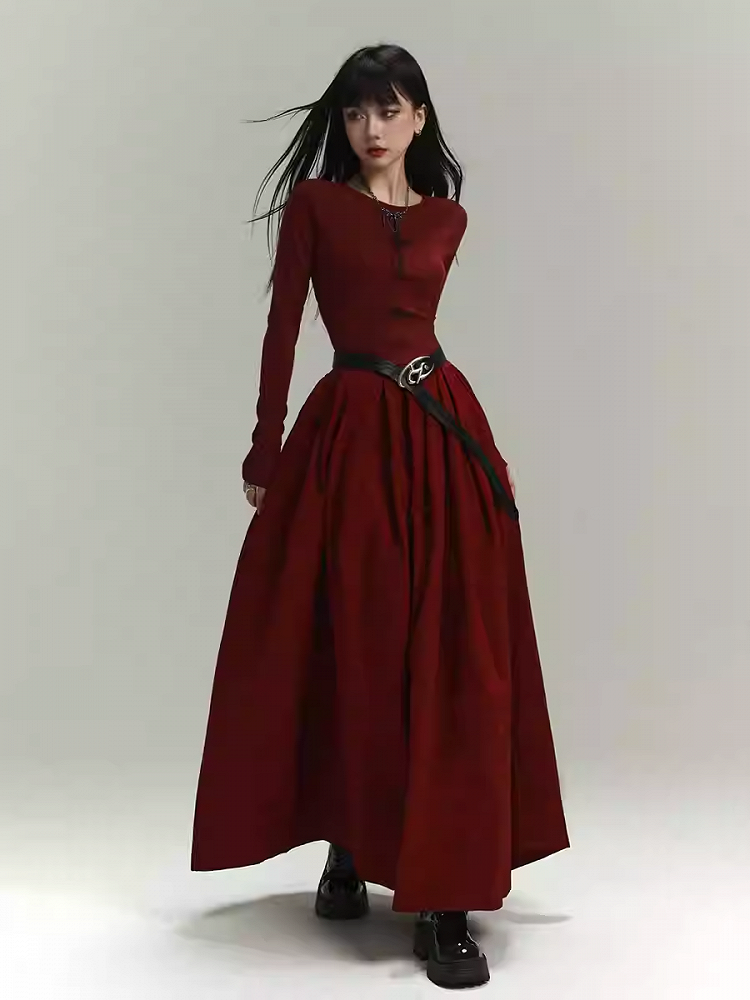 Gothic Wine Red Cross Print Backless/Covered-Back Slim-fitting Dress