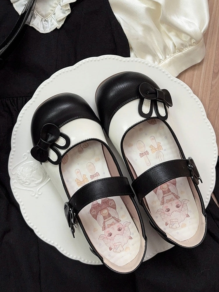 Black Bunny Ear Bowknot Decorated Bear Buckle Flats
