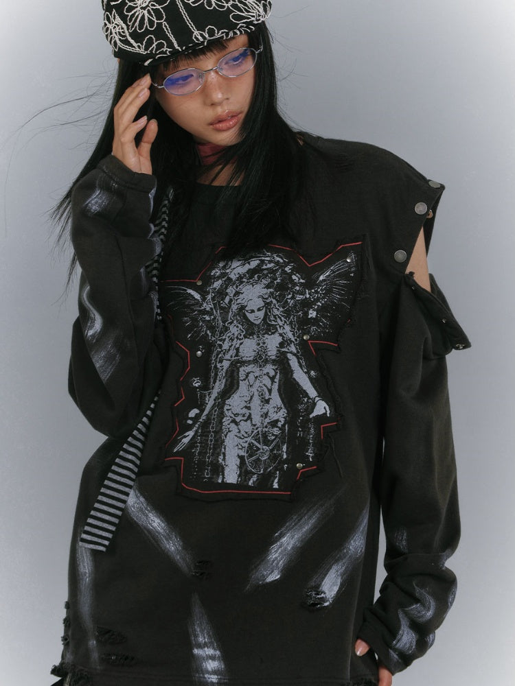 Applique Design Black Cutout Shoulder Faded Wash Distressed Sweatshirt