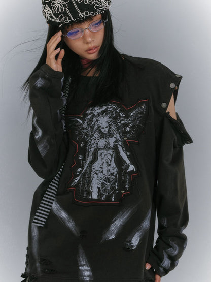 Applique Design Black Cutout Shoulder Faded Wash Distressed Sweatshirt