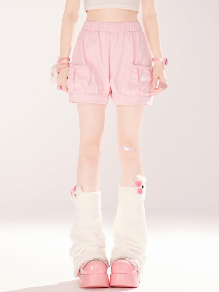 Kitty Paw Embroidery Pink/Blue/Black Elastic Waist Shorts