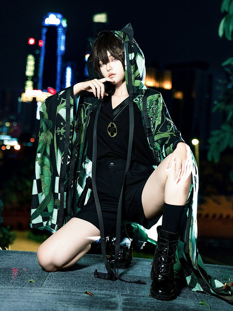 Green Cyberpunk Techwear Ouji Fashion Cat Ears Hooded Top Buckle Strappy Details