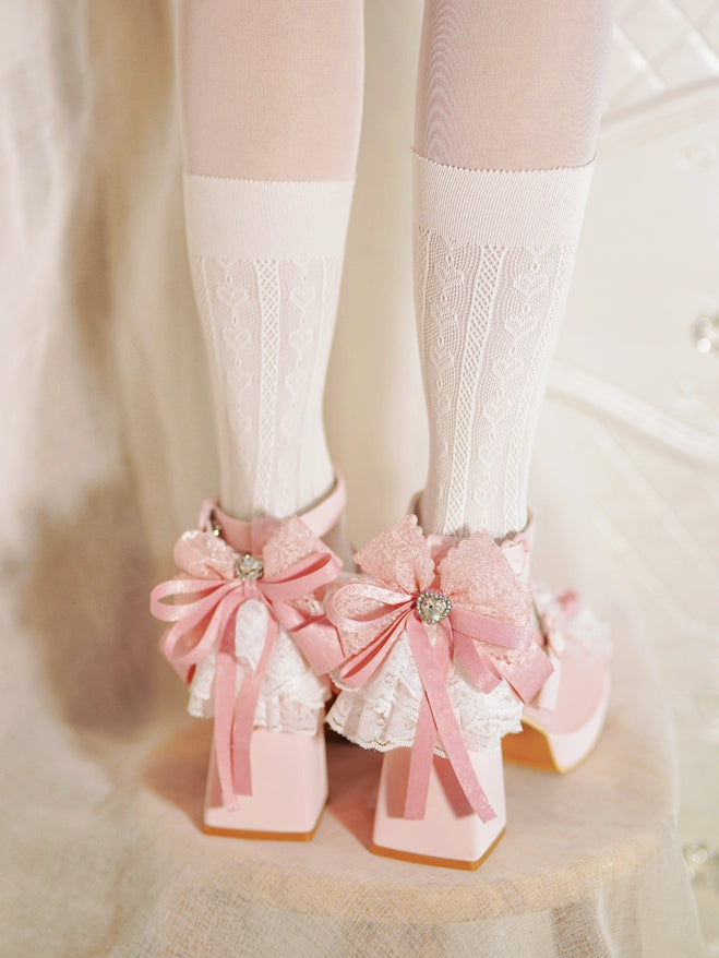 Pink Knotted Bow at Top Lace Trim Heart Buckles High Block Heels