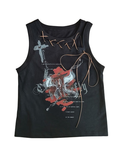 Punk Letters Print Black Lace-up Detail Sleeveless Top