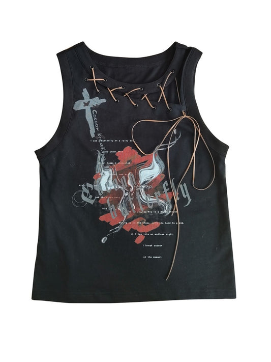 Punk Letters Print Black Lace-up Detail Sleeveless Top