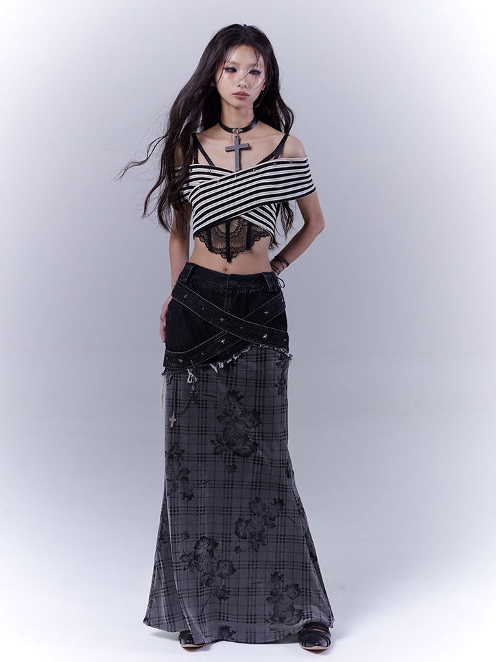 Black and White Off-the-shoulder Neckline Studded Striped Strapless Top