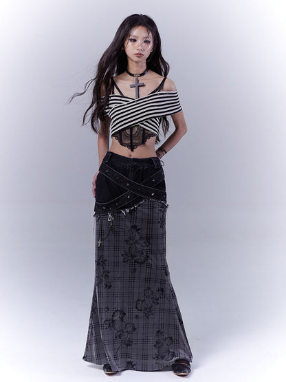 Black and White Off-the-shoulder Neckline Studded Striped Strapless Top