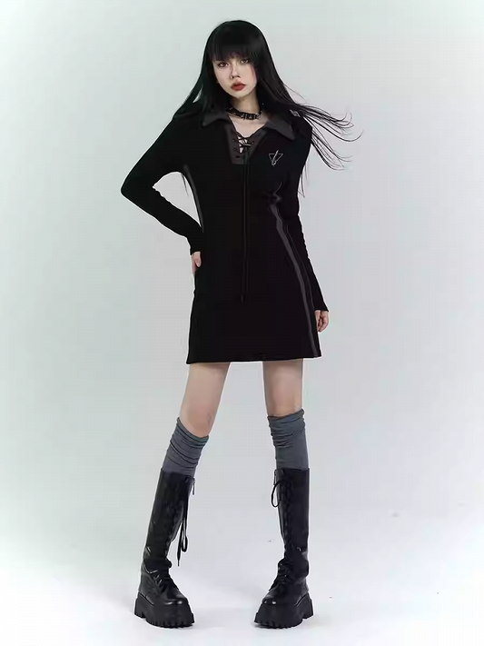 Gothic Black Short Version Dress with Lace-up Detail at Front