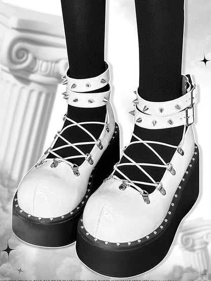 Front Lace-up Spike Stud Detailing White Punk Lolita Platforms