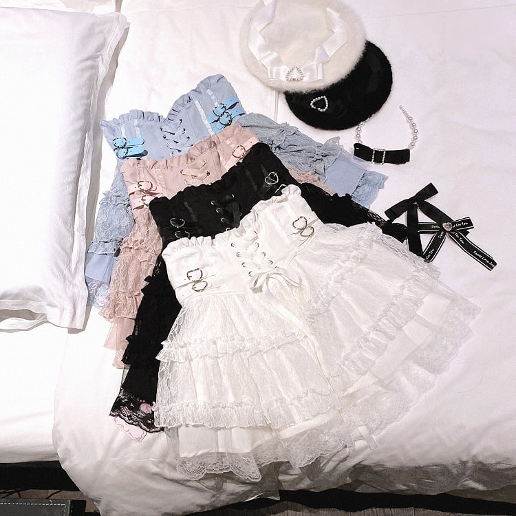 Jirai Kei High Waist Tiered Lace Skirt | Heart Buckles & Lace-Up Detail | 5 Colors