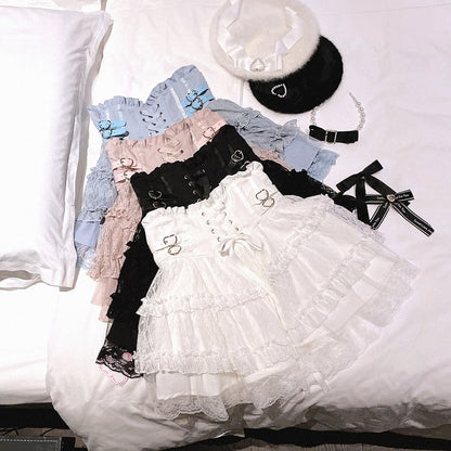 Jirai Kei High Waist Tiered Lace Skirt | Heart Buckles & Lace-Up Detail | 5 Colors
