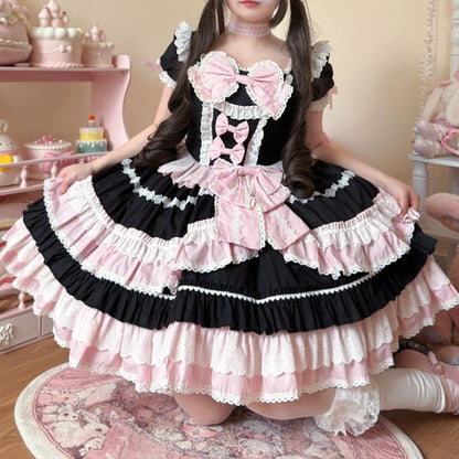 Black and Pink Sweet Bow Accents Short Sleeves Dress Lolita One Piece
