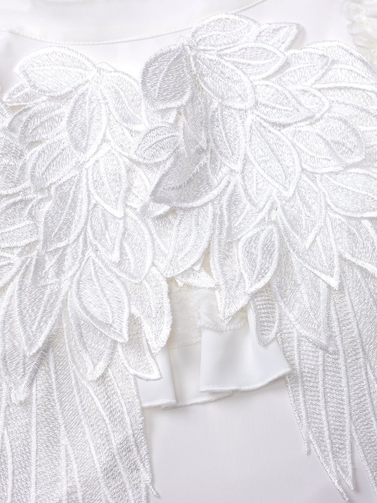 Lace Angel Wings at Back White Short Sleeves Blouse
