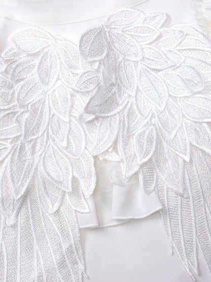 Lace Angel Wings at Back White Short Sleeves Blouse