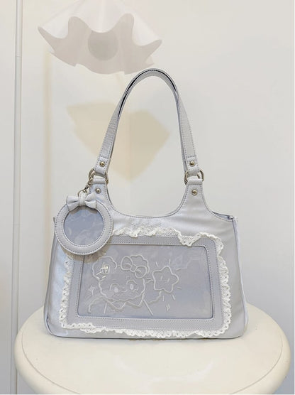 Silver Satin Lace Trim Daily Ita bag - Comes with Card Holder Charm