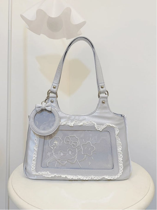 Silver Satin Lace Trim Daily Ita bag - Comes with Card Holder Charm
