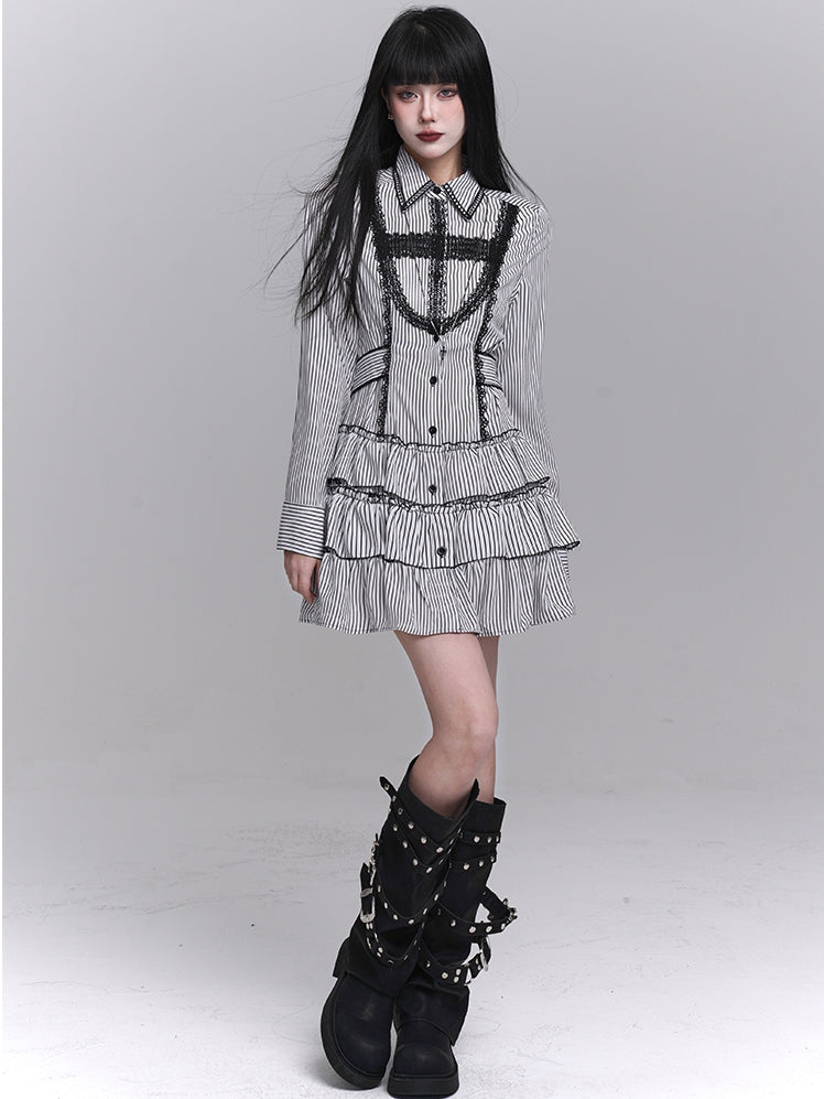 Gothic Lace Cross Tiered Skirt Black and White Striped Shirt Dress
