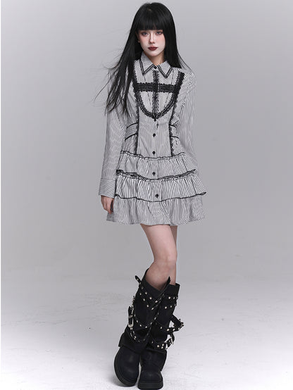 Gothic Lace Cross Tiered Skirt Black and White Striped Shirt Dress