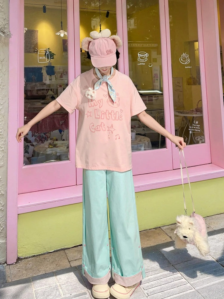 Pink/Mint Blue Round Neck Kitty Print Loose T-shirt with Kitty Plushie