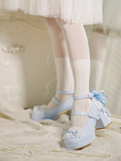 Blue Knotted Bow at Top Lace Trim Heart Buckles High Block Heels