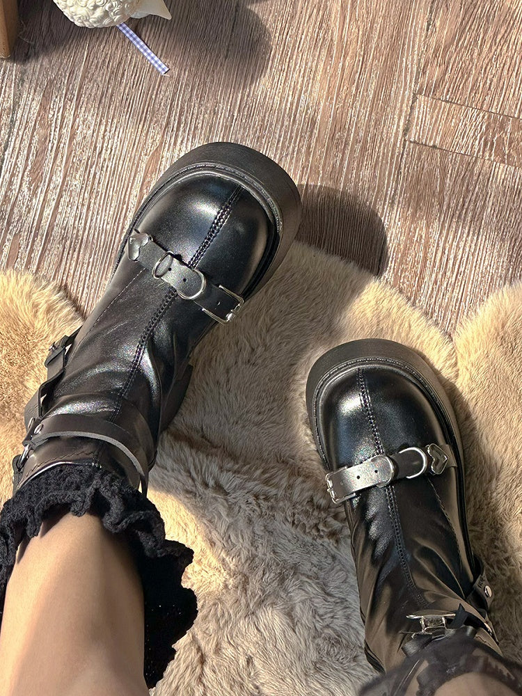 Black Buckle Strap Punk Platform Block Heel Boots