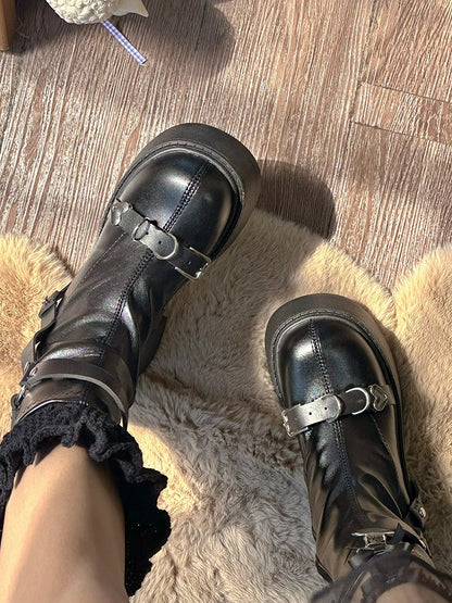 Black Buckle Strap Punk Platform Block Heel Boots