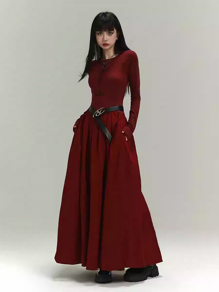 Gothic Wine Red Cross Print Backless/Covered-Back Slim-fitting Dress