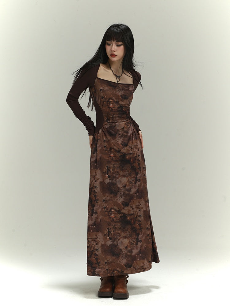 Millard Fashion Brown Square Neck Gathering Details Slim-fitting Dress
